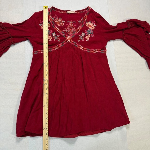 Altard State Embroidered Boho Festival Mini Dress Burgundy Bell Sleeve Floral S - Picture 5 of 9